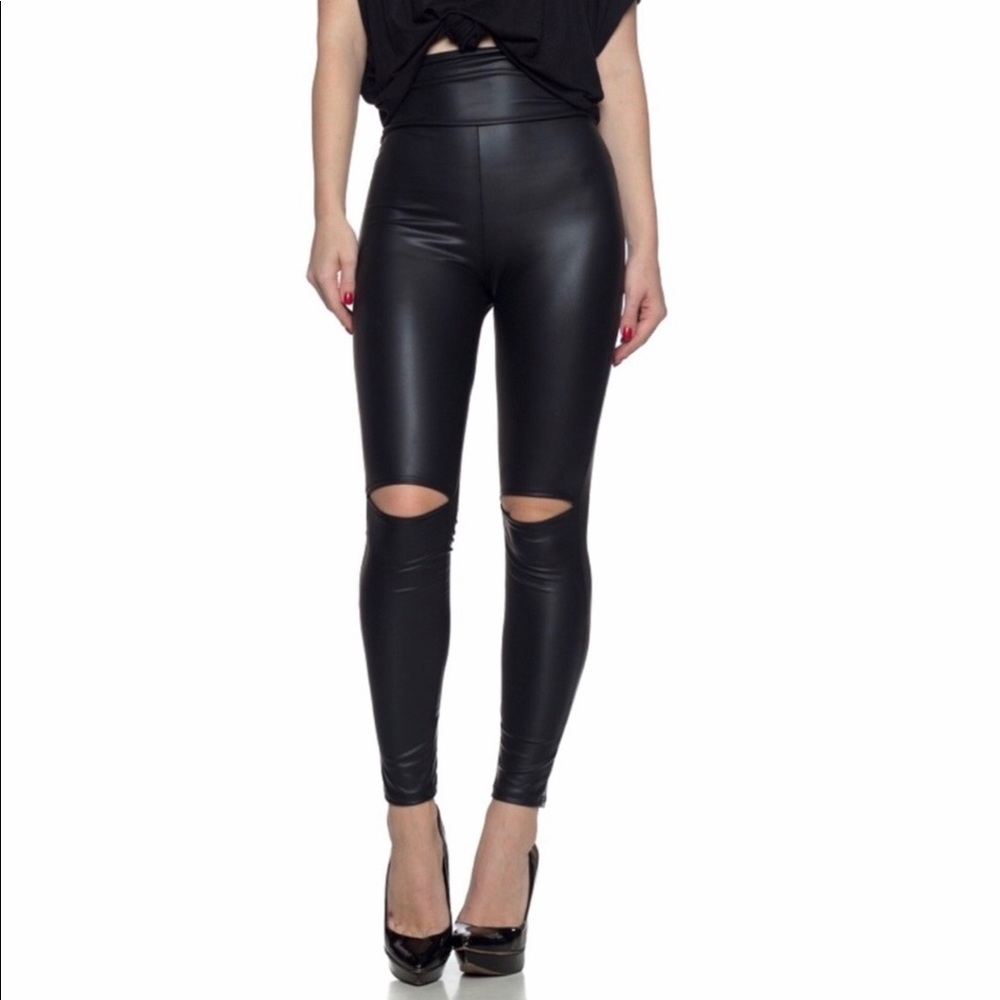 ✨JUST IN✨BLACK FAUX LEATHER KNEE CUT OUT SLICK LEGGINGS - Picture 2 of 15